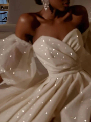 Sexy Puffy Sleeves Prom Dresses Glitter Ball Gown Party Dresses Tulle Sweep Train Prom Evening Dresses HZ1023